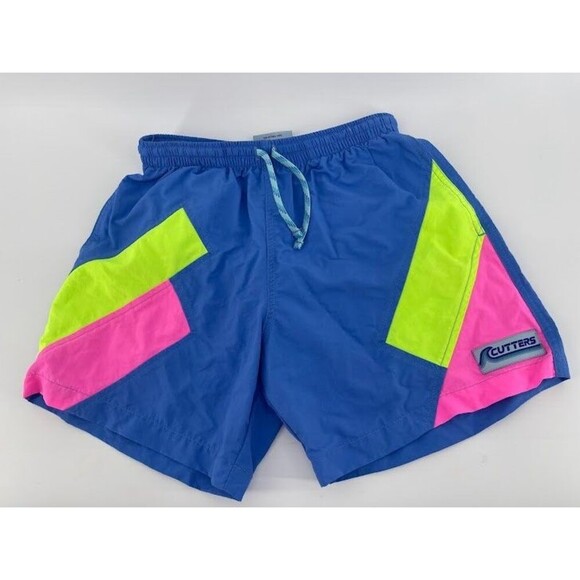 Men's Cutters Swim Trunks Made in USA Vintage 90's Hand Sewn Nylon Neon Sz Small - Picture 1 of 6